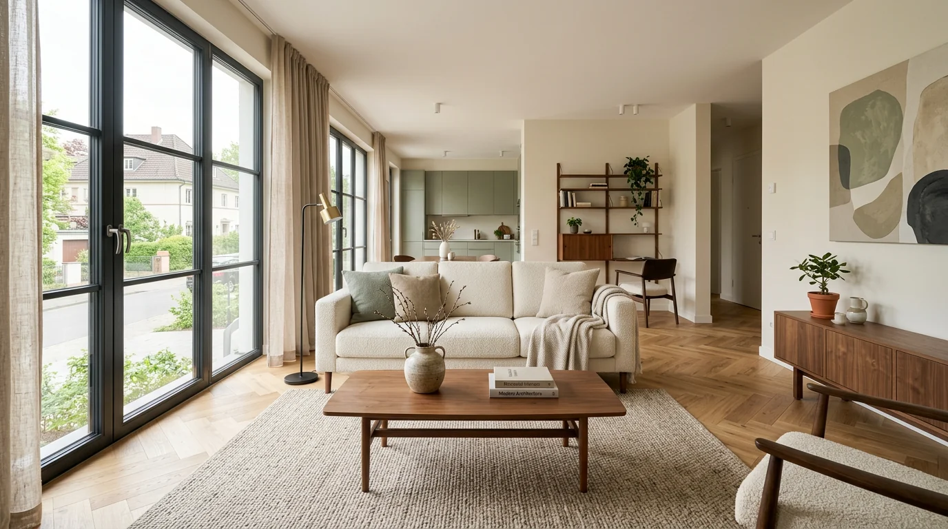 Wohnzimmer nach der Bildaufbereitung: neutrale Farben, sichtbare Fenster, gerade Linien