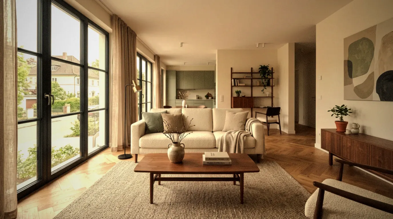 Dasselbe Wohnzimmer als unbearbeitetes Handyfoto: dunkel, gelbstichig, ausgebrannte Fenster